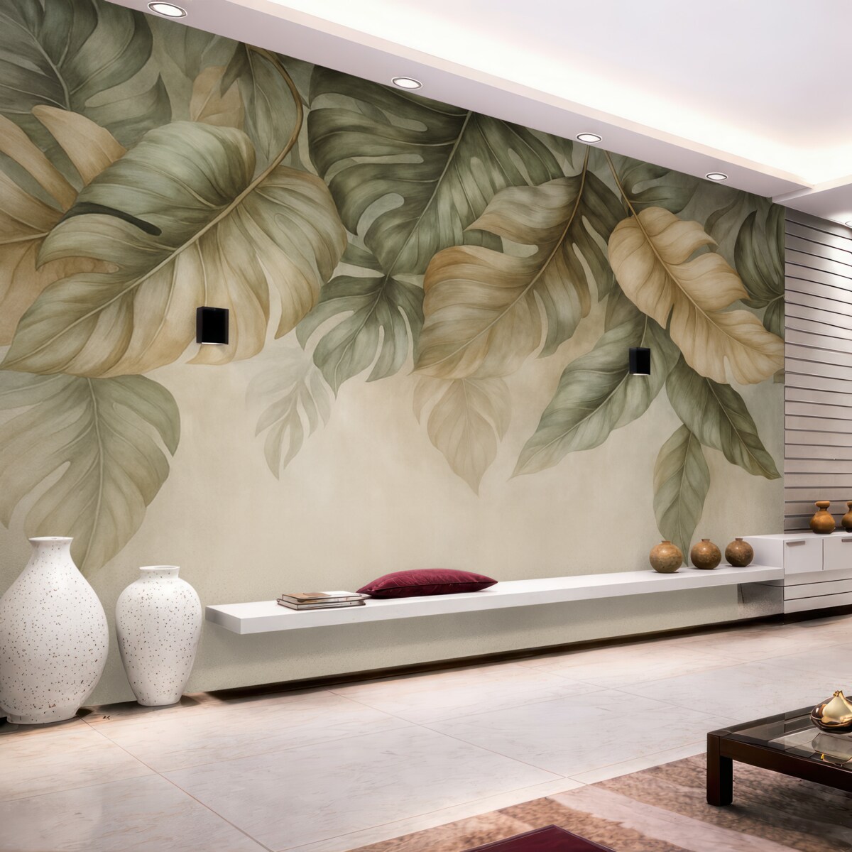 Fototapeta Tropikalne liście opadające z góry, na wzorzystym tle.