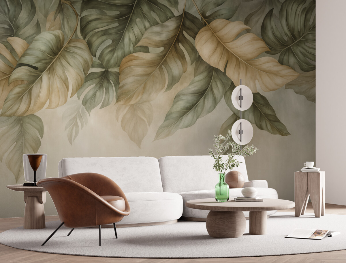 Fototapeta Tropikalne liście opadające z góry, na wzorzystym tle.