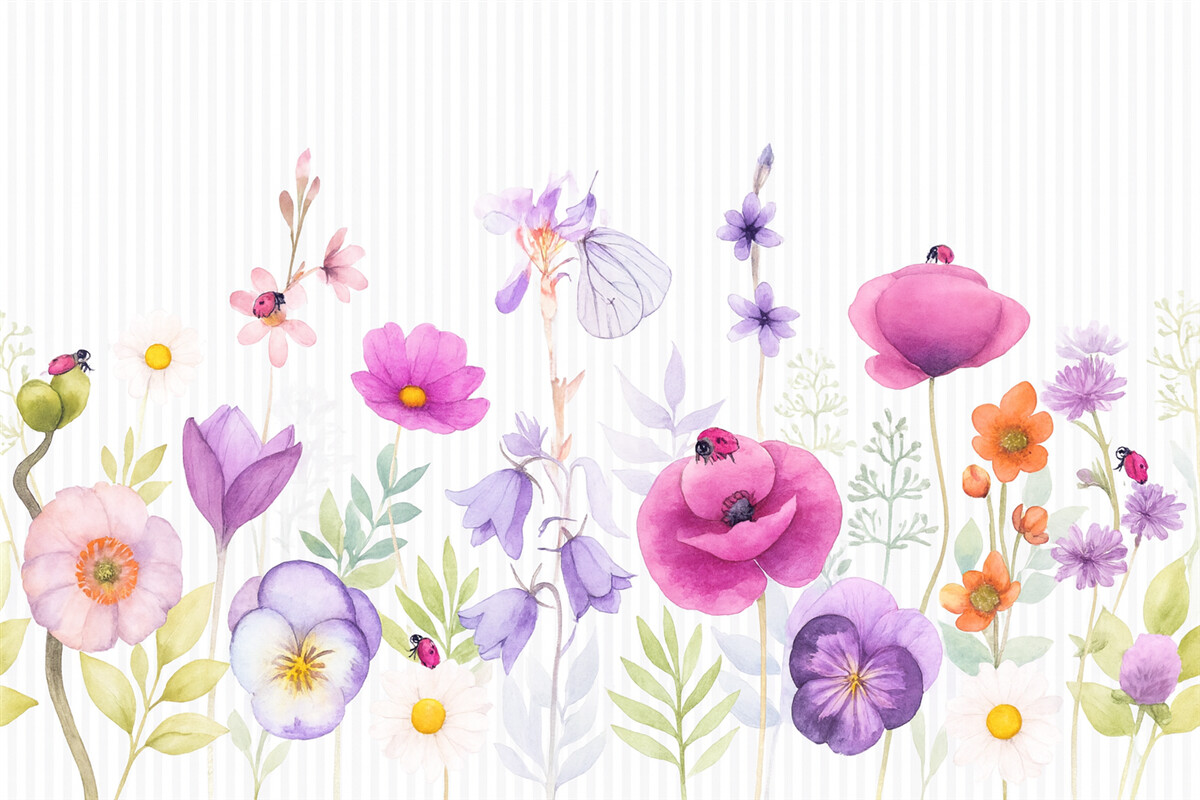 Fototapeta Jasne łąkowe kwiaty na tle w prążki.