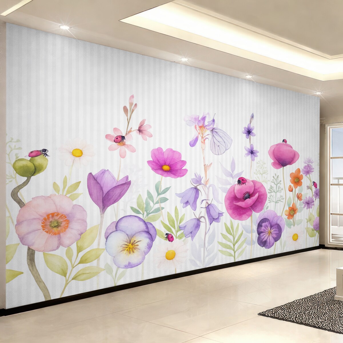 Fototapeta Jasne łąkowe kwiaty na tle w prążki.