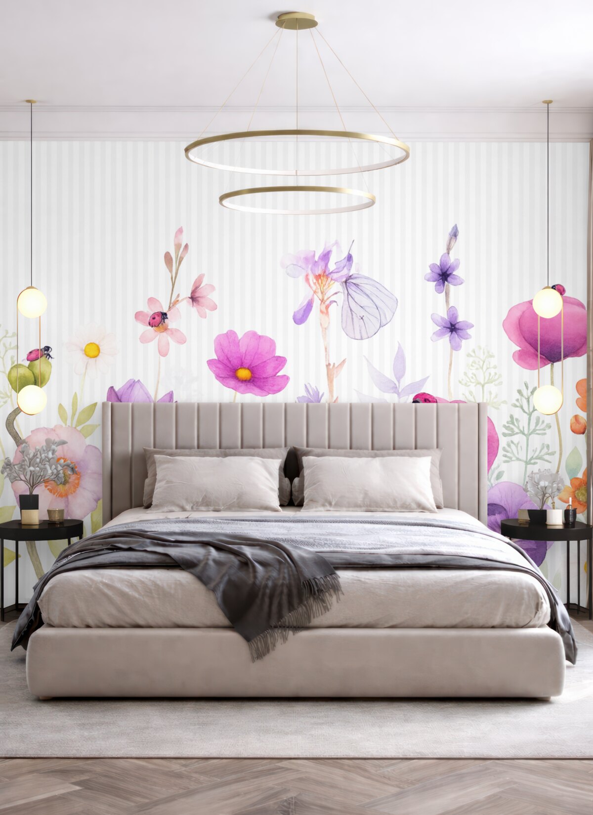 Fototapeta Jasne łąkowe kwiaty na tle w prążki.