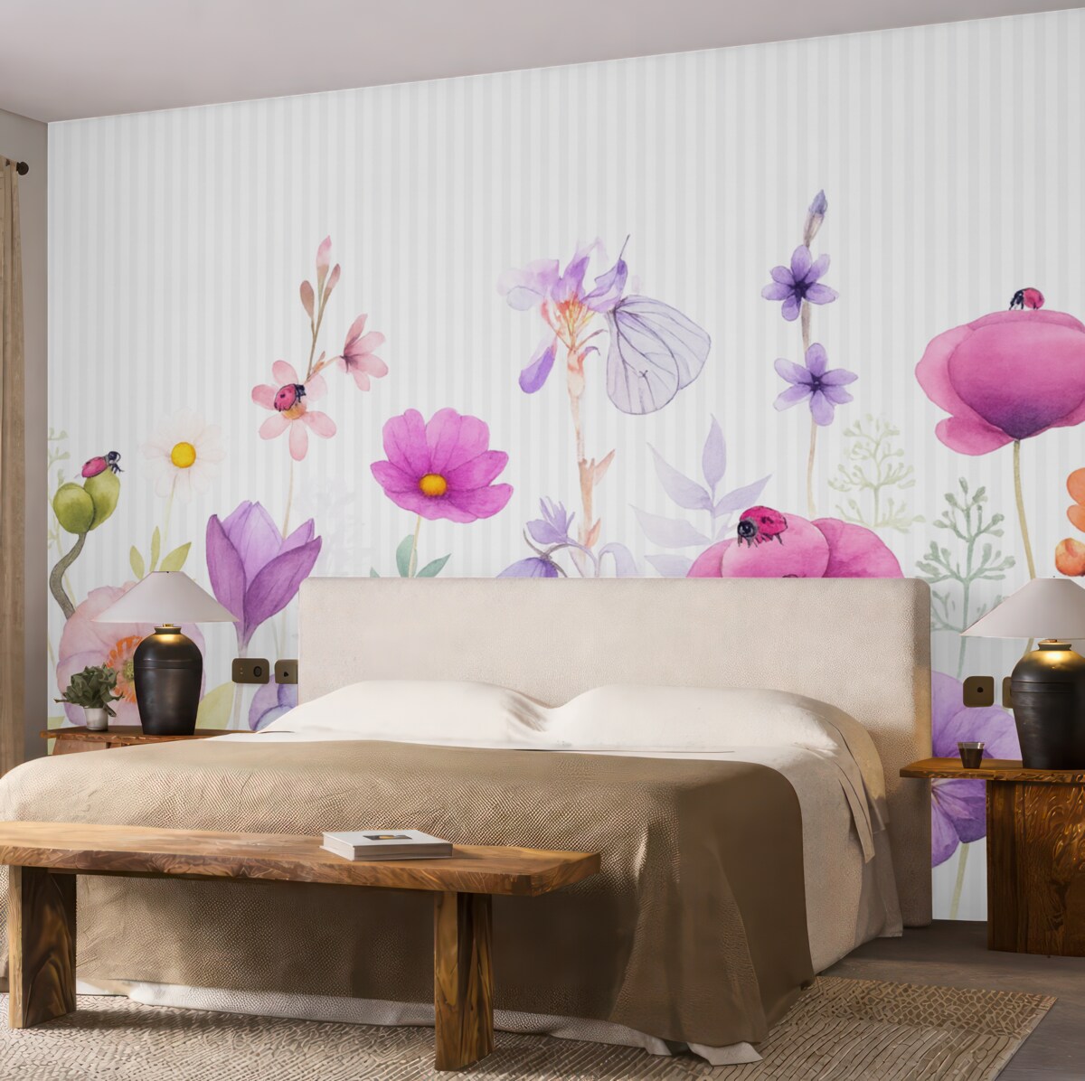 Fototapeta Jasne łąkowe kwiaty na tle w prążki.