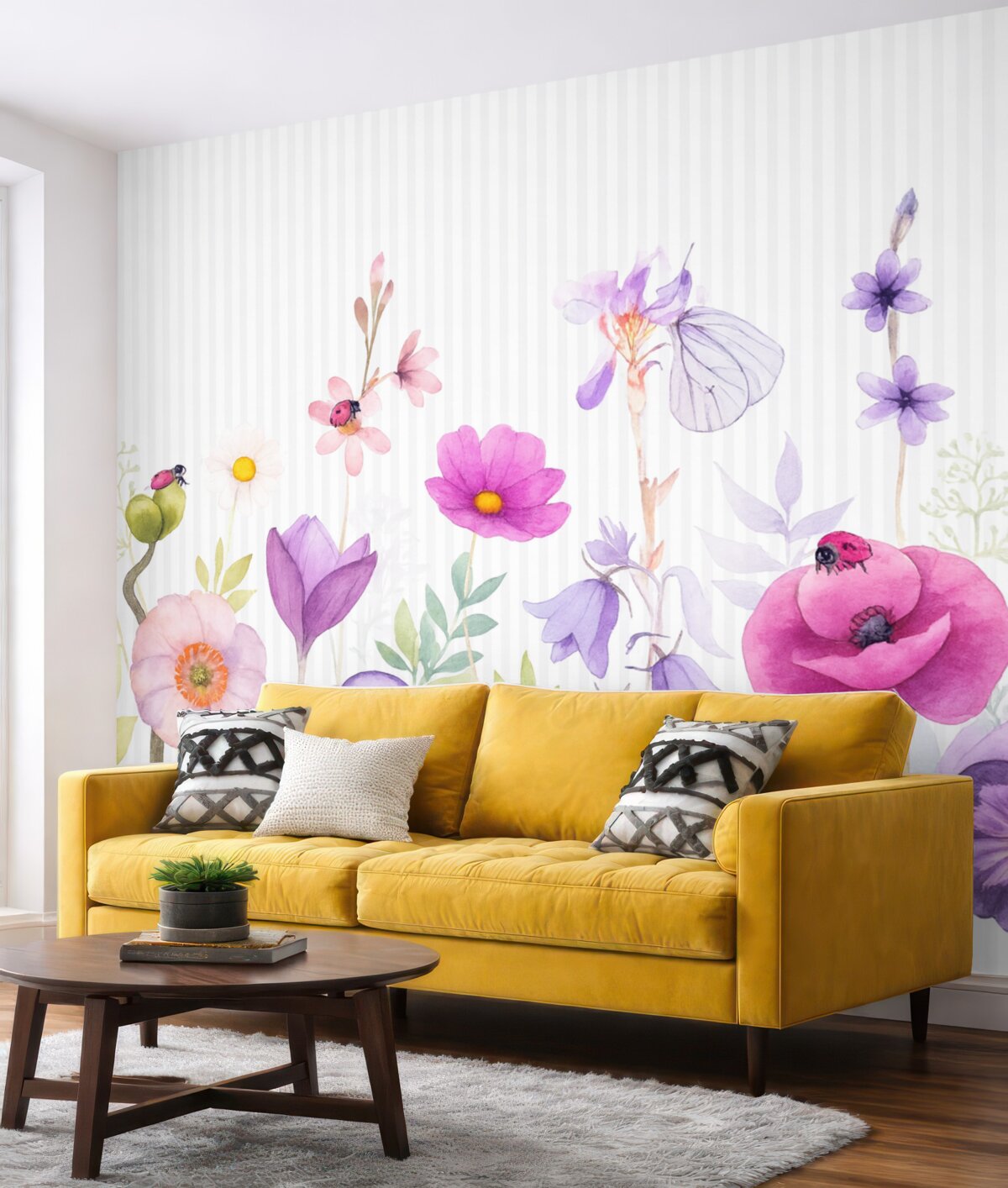 Fototapeta Jasne łąkowe kwiaty na tle w prążki.