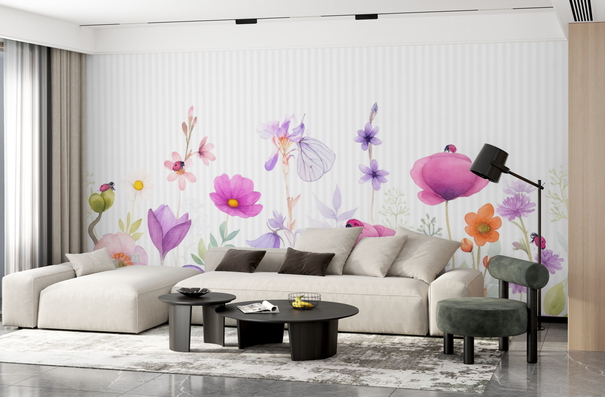 Fototapeta Jasne łąkowe kwiaty na tle w prążki.