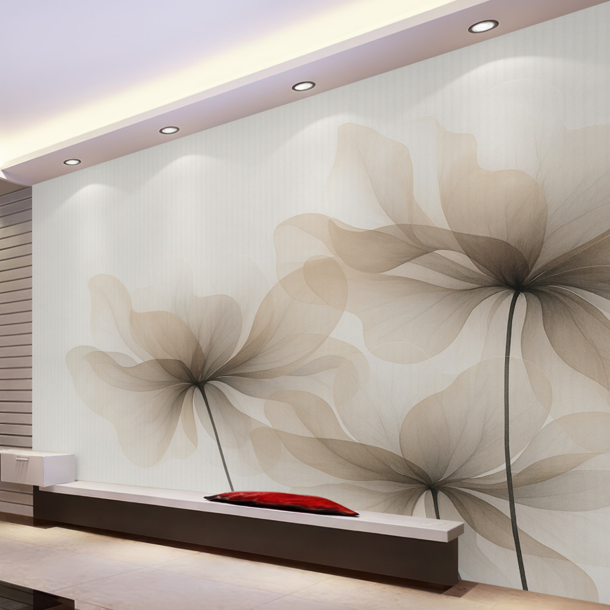 Fototapeta Półprzezroczyste beżowe rośliny na tle w paski.