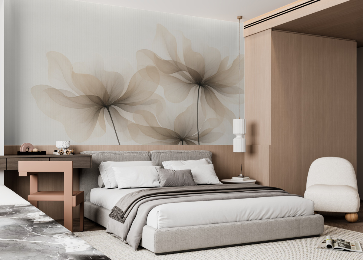 Fototapeta Półprzezroczyste beżowe rośliny na tle w paski.