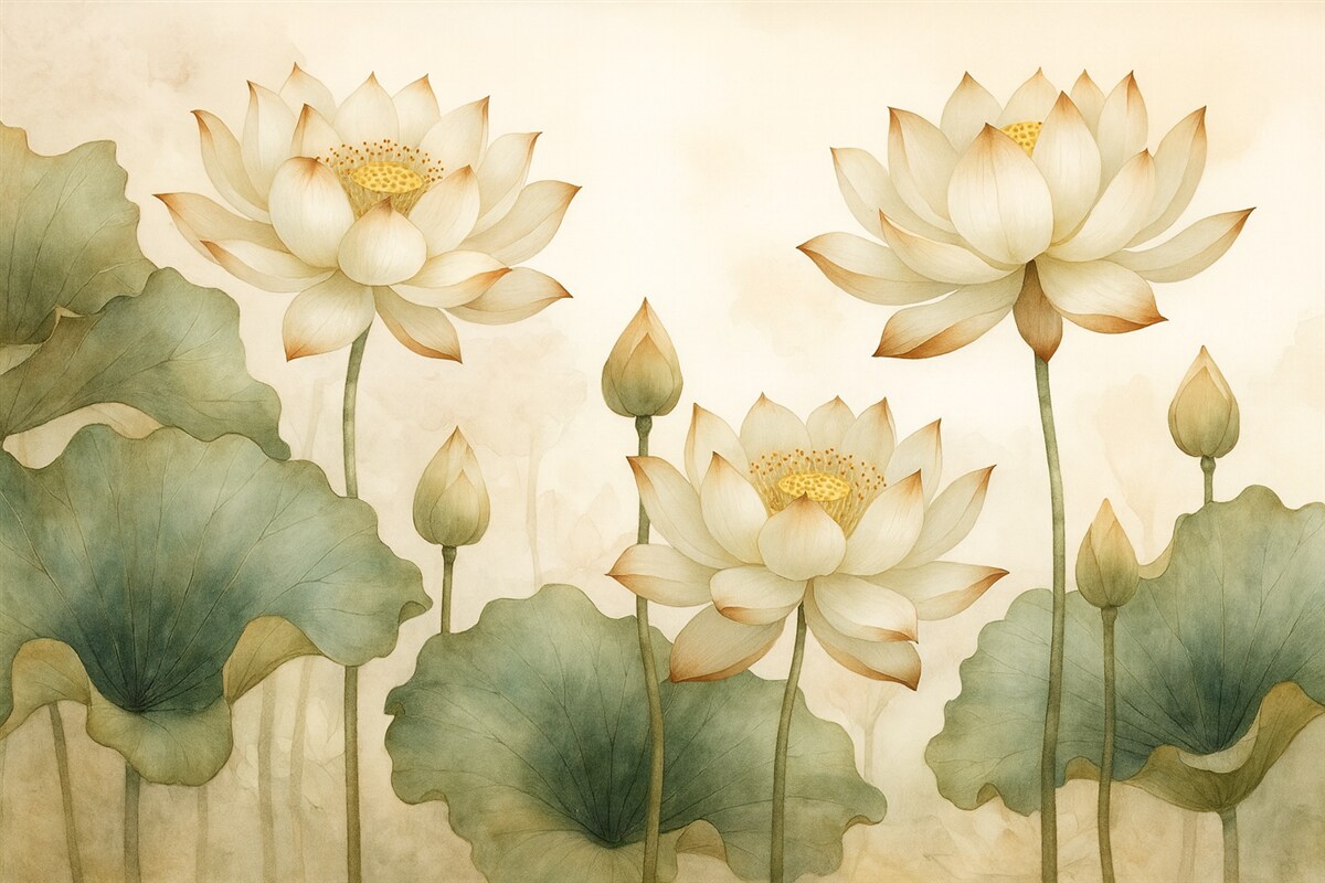Fototapeta Stylowa ilustracja akwarelowa z subtelnymi kwiatami lotosu i łagodnym, naturalnym tłem.
