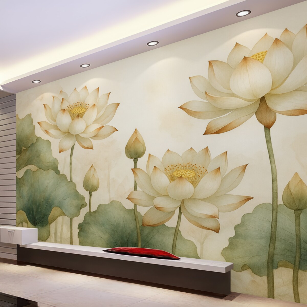 Fototapeta Stylowa ilustracja akwarelowa z subtelnymi kwiatami lotosu i łagodnym, naturalnym tłem.