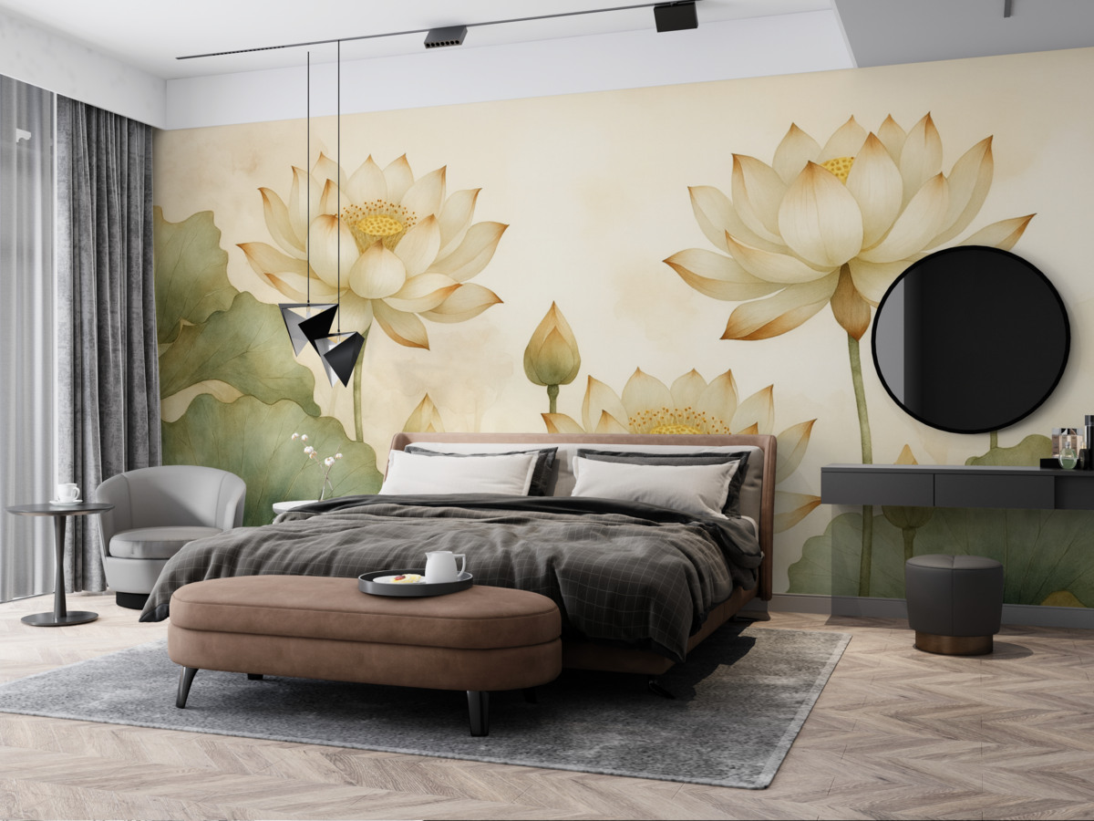 Fototapeta Stylowa ilustracja akwarelowa z subtelnymi kwiatami lotosu i łagodnym, naturalnym tłem.