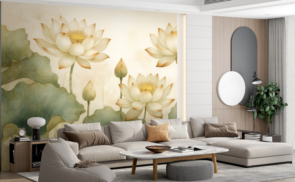 Fototapeta Stylowa ilustracja akwarelowa z subtelnymi kwiatami lotosu i łagodnym, naturalnym tłem.