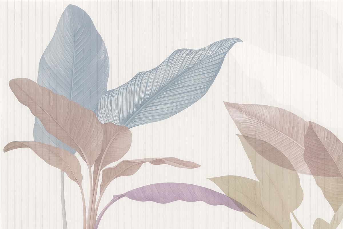 Fototapeta Subtelna ilustracja roślinna ukazująca szerokie półprzezroczyste liście w pastelowych barwach na zróżnicowanym tle.