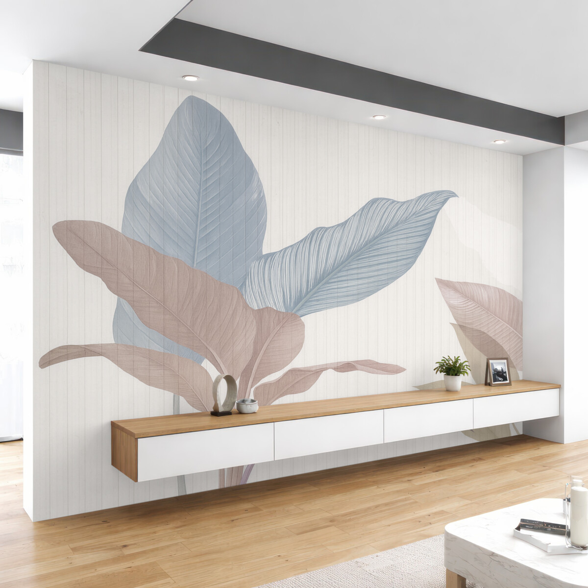 Fototapeta Subtelna ilustracja roślinna ukazująca szerokie półprzezroczyste liście w pastelowych barwach na zróżnicowanym tle.