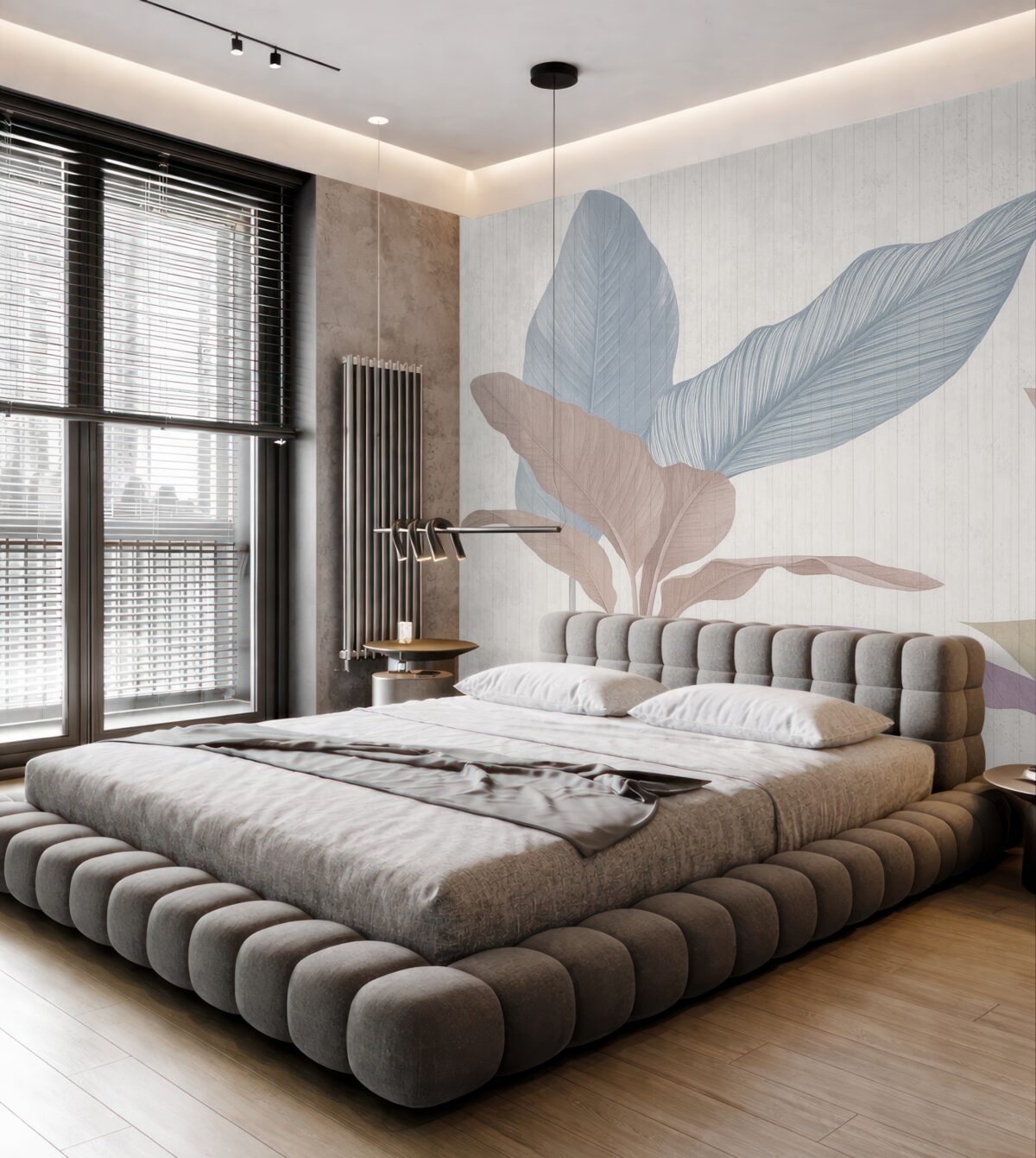 Fototapeta Subtelna ilustracja roślinna ukazująca szerokie półprzezroczyste liście w pastelowych barwach na zróżnicowanym tle.