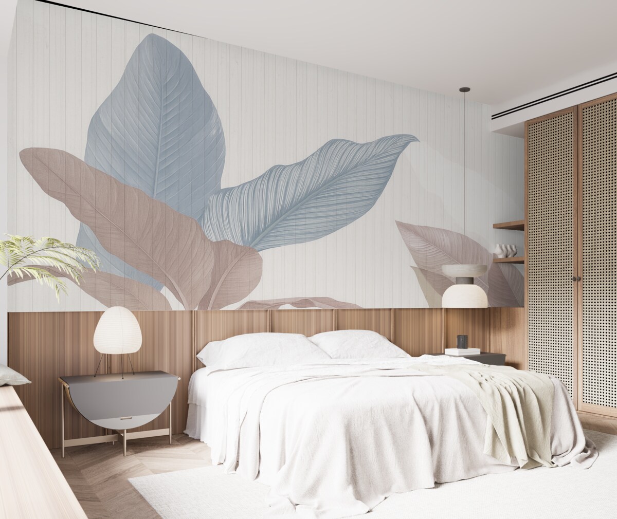 Fototapeta Subtelna ilustracja roślinna ukazująca szerokie półprzezroczyste liście w pastelowych barwach na zróżnicowanym tle.