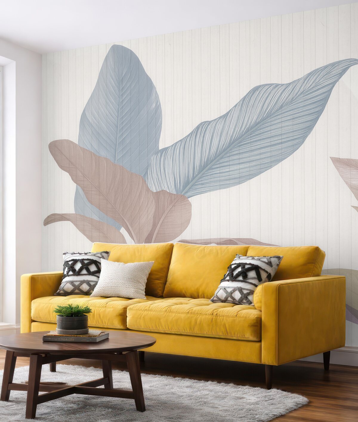 Fototapeta Subtelna ilustracja roślinna ukazująca szerokie półprzezroczyste liście w pastelowych barwach na zróżnicowanym tle.