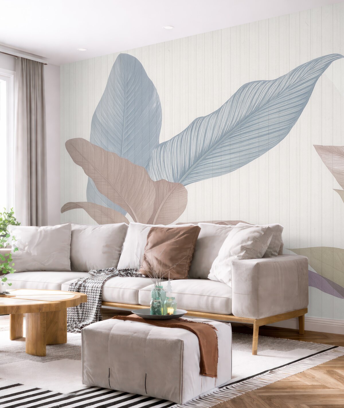 Fototapeta Subtelna ilustracja roślinna ukazująca szerokie półprzezroczyste liście w pastelowych barwach na zróżnicowanym tle.