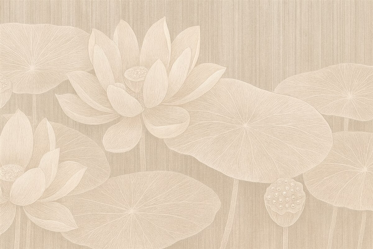 Fototapeta Elegancka grafika lotosów oraz płatków lilii w pastelowych kolorach z teksturowanym efektem lnu.