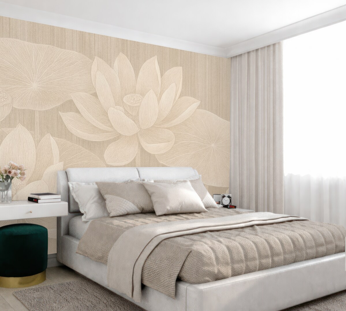 Fototapeta Elegancka grafika lotosów oraz płatków lilii w pastelowych kolorach z teksturowanym efektem lnu.