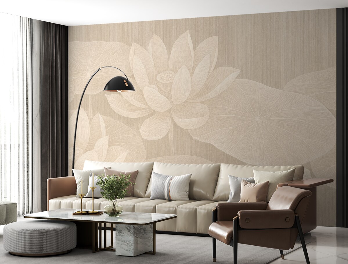 Fototapeta Elegancka grafika lotosów oraz płatków lilii w pastelowych kolorach z teksturowanym efektem lnu.