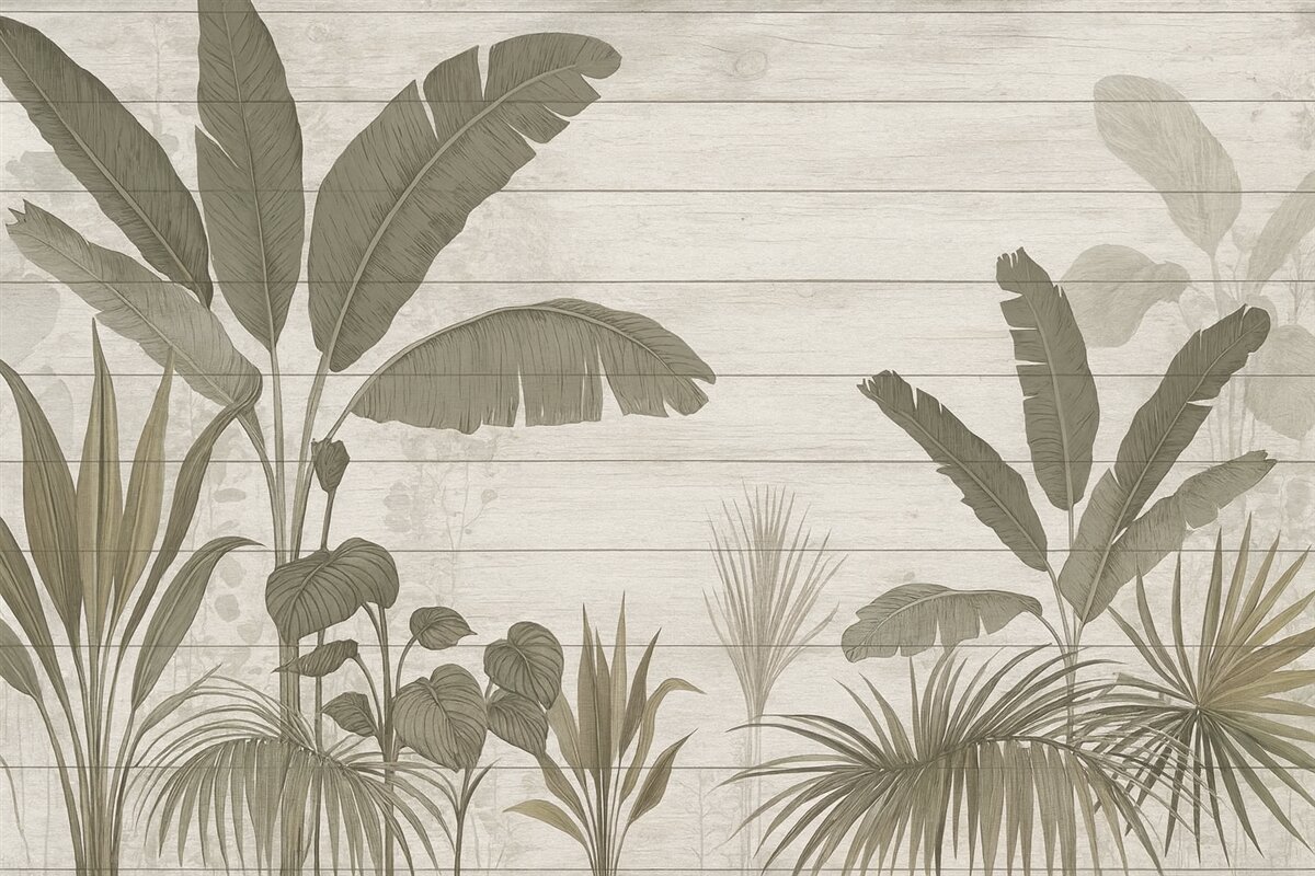 Fototapeta Stylowa ilustracja botaniczna z liśćmi bananowca oraz egzotycznymi roślinami na fakturowanym jasnym tle.