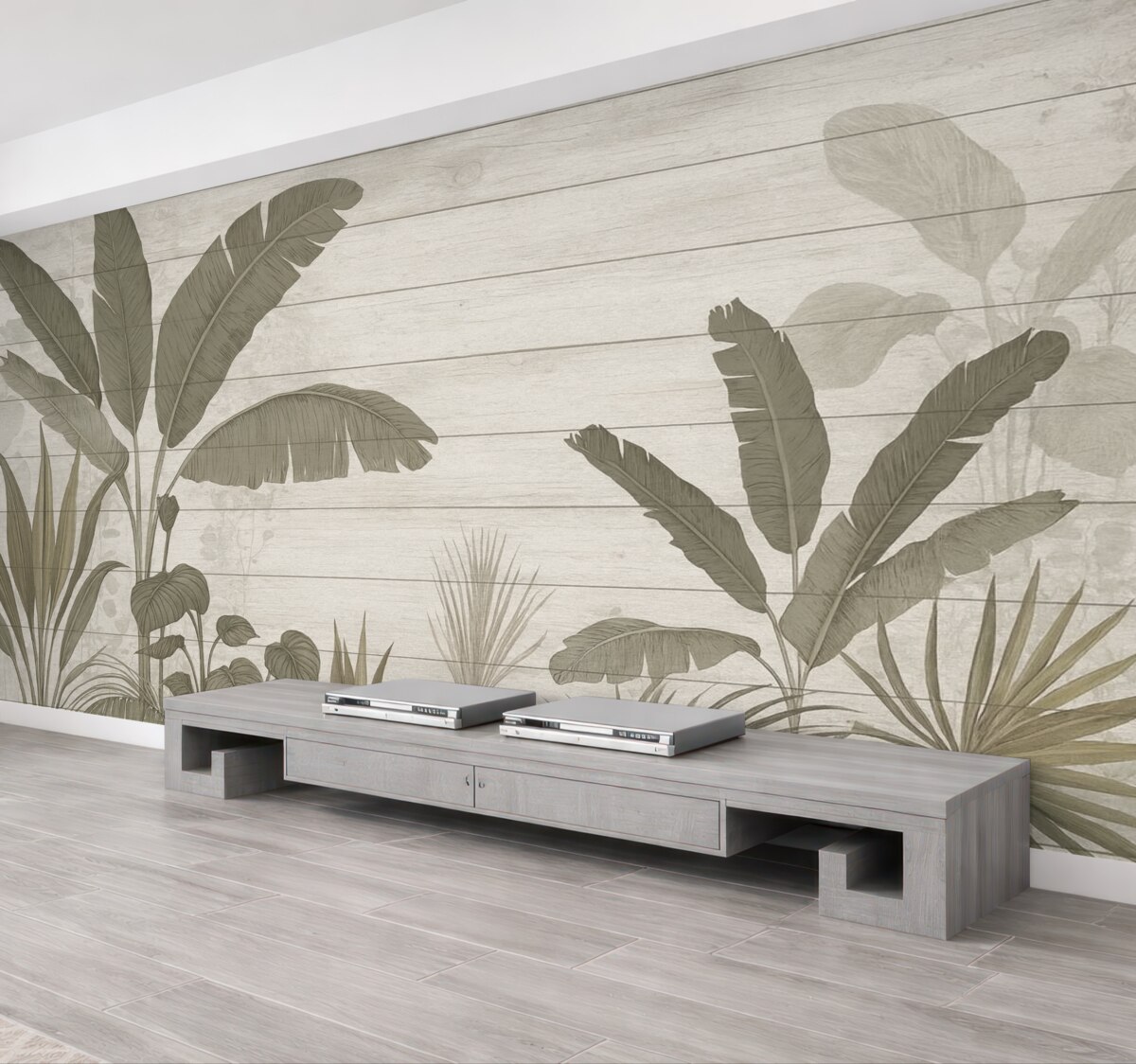 Fototapeta Stylowa ilustracja botaniczna z liśćmi bananowca oraz egzotycznymi roślinami na fakturowanym jasnym tle.