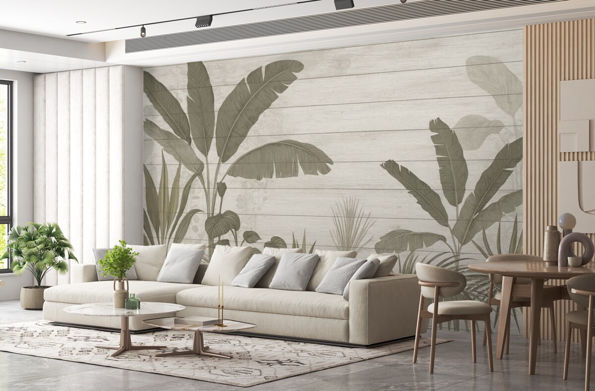 Fototapeta Stylowa ilustracja botaniczna z liśćmi bananowca oraz egzotycznymi roślinami na fakturowanym jasnym tle.