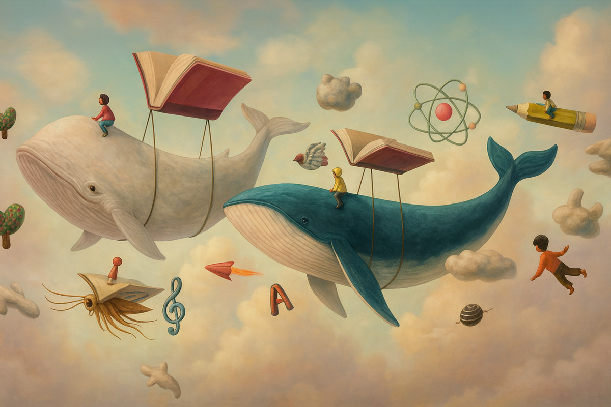 Fototapeta Kapryśna grafika wielorybów unoszących się w powietrzu pod balonami przypominającymi książki.