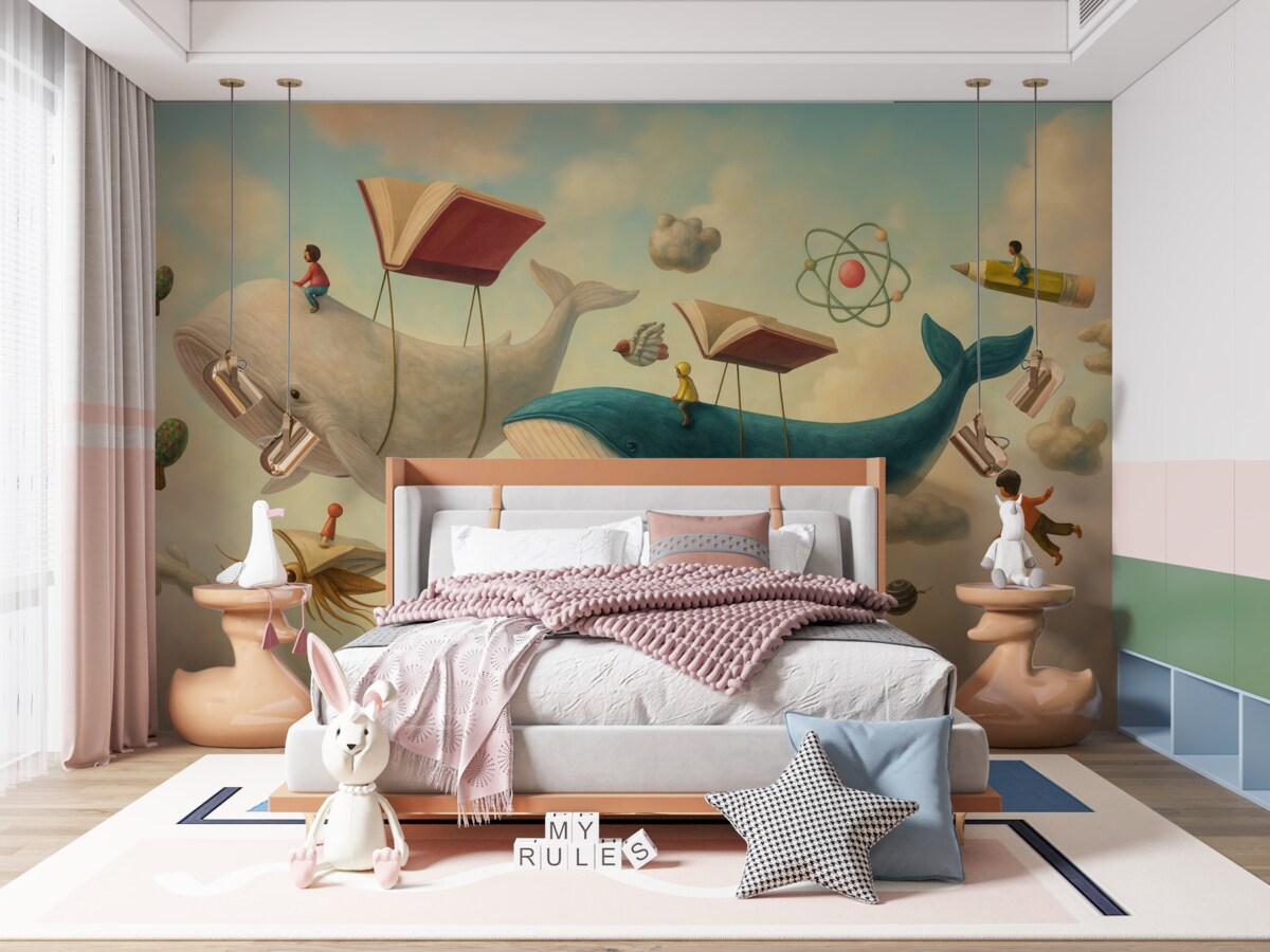 Fototapeta Kapryśna grafika wielorybów unoszących się w powietrzu pod balonami przypominającymi książki.