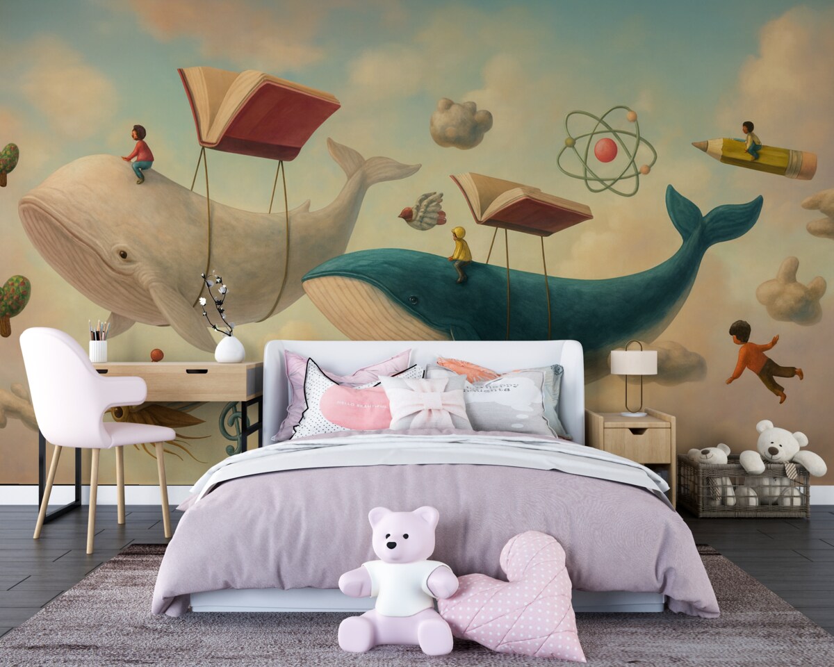 Fototapeta Kapryśna grafika wielorybów unoszących się w powietrzu pod balonami przypominającymi książki.