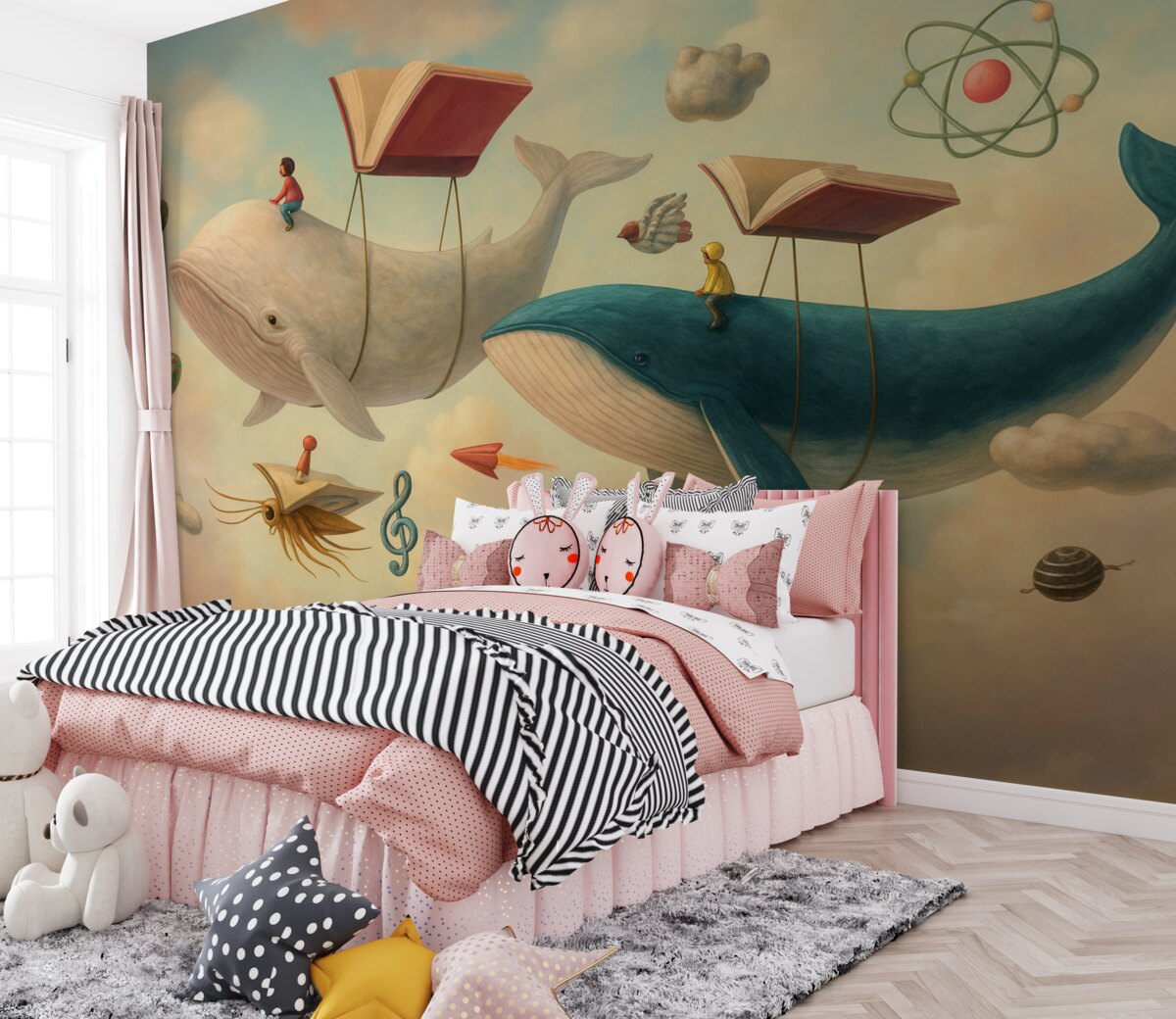 Fototapeta Kapryśna grafika wielorybów unoszących się w powietrzu pod balonami przypominającymi książki.