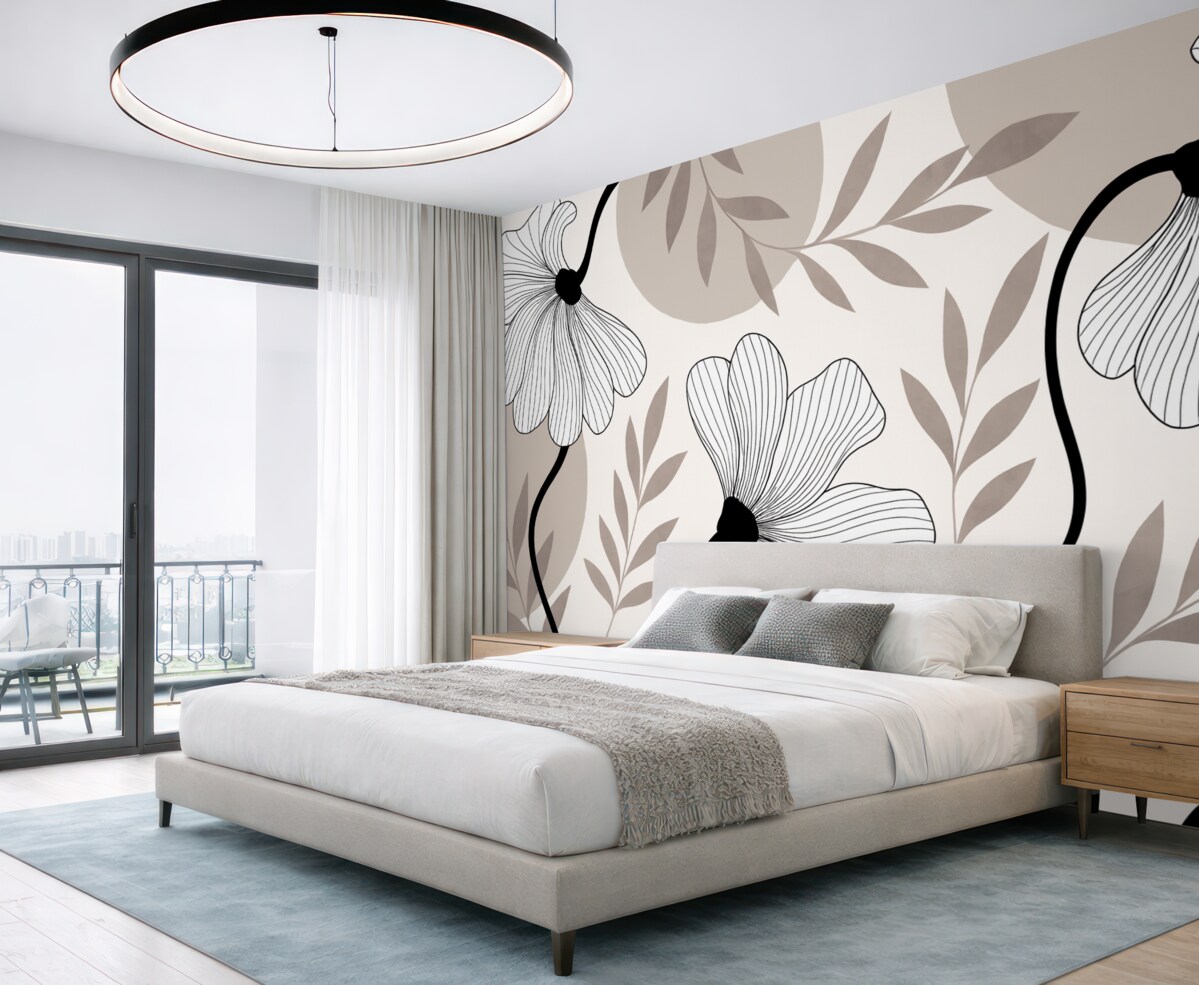 Fototapeta Abstrakcja z roślinami i liśćmi w tonacjach beżowych.