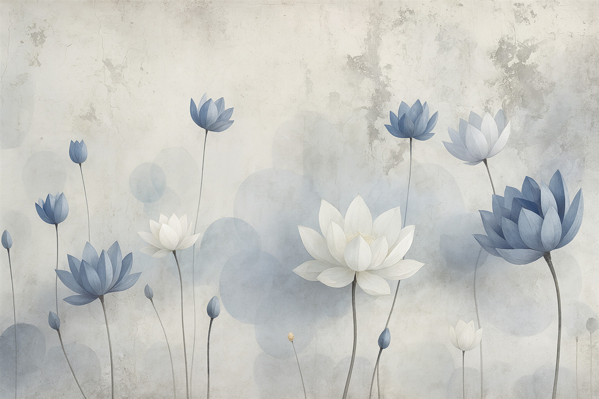 Fototapeta Zniszczona ściana z namalowanymi liliami wodnymi.