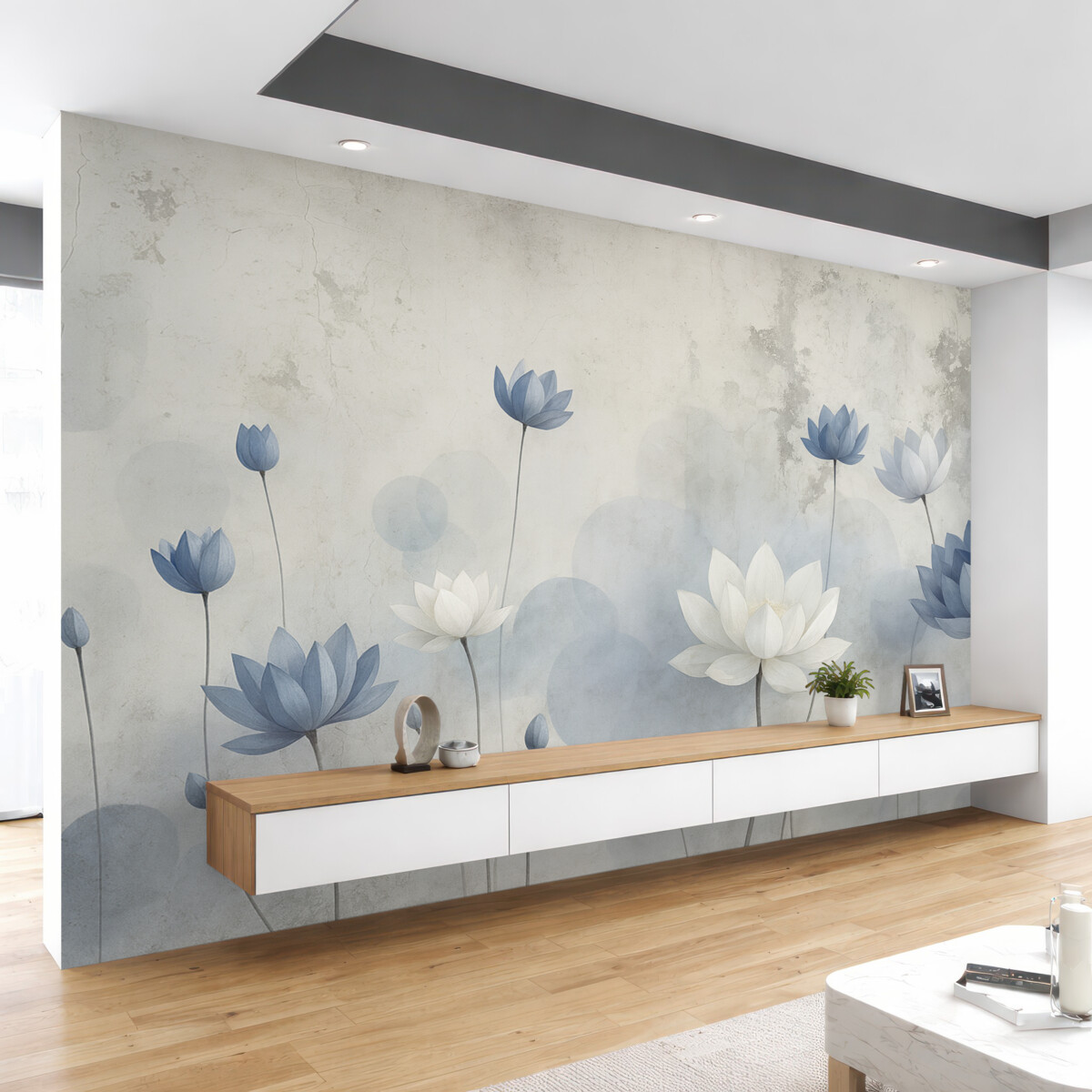 Fototapeta Zniszczona ściana z namalowanymi liliami wodnymi.