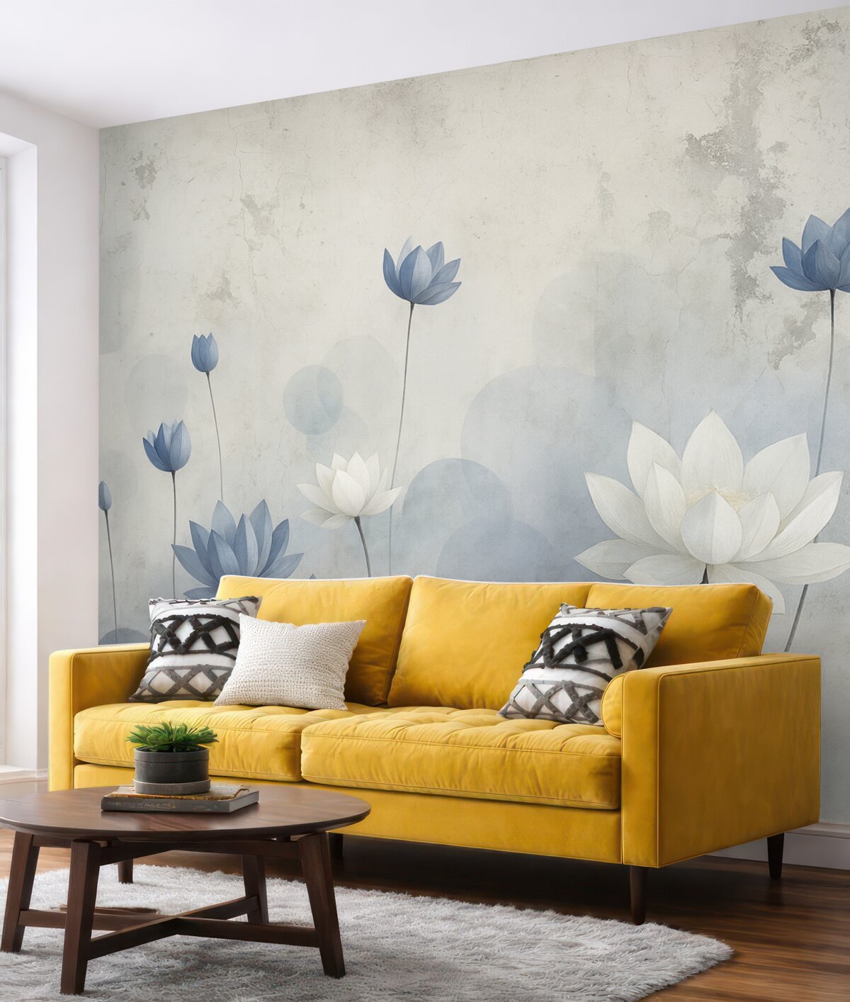 Fototapeta Zniszczona ściana z namalowanymi liliami wodnymi.