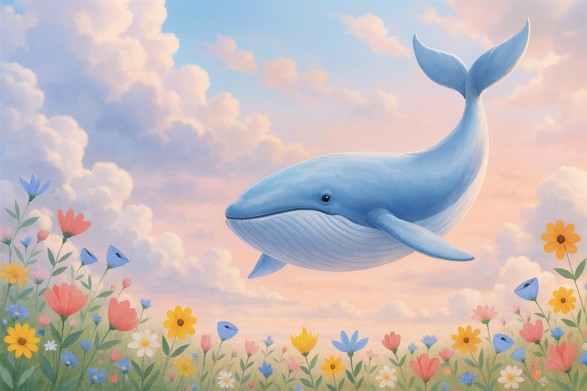 Fototapeta Wieloryb akwarelowy w obłokach.