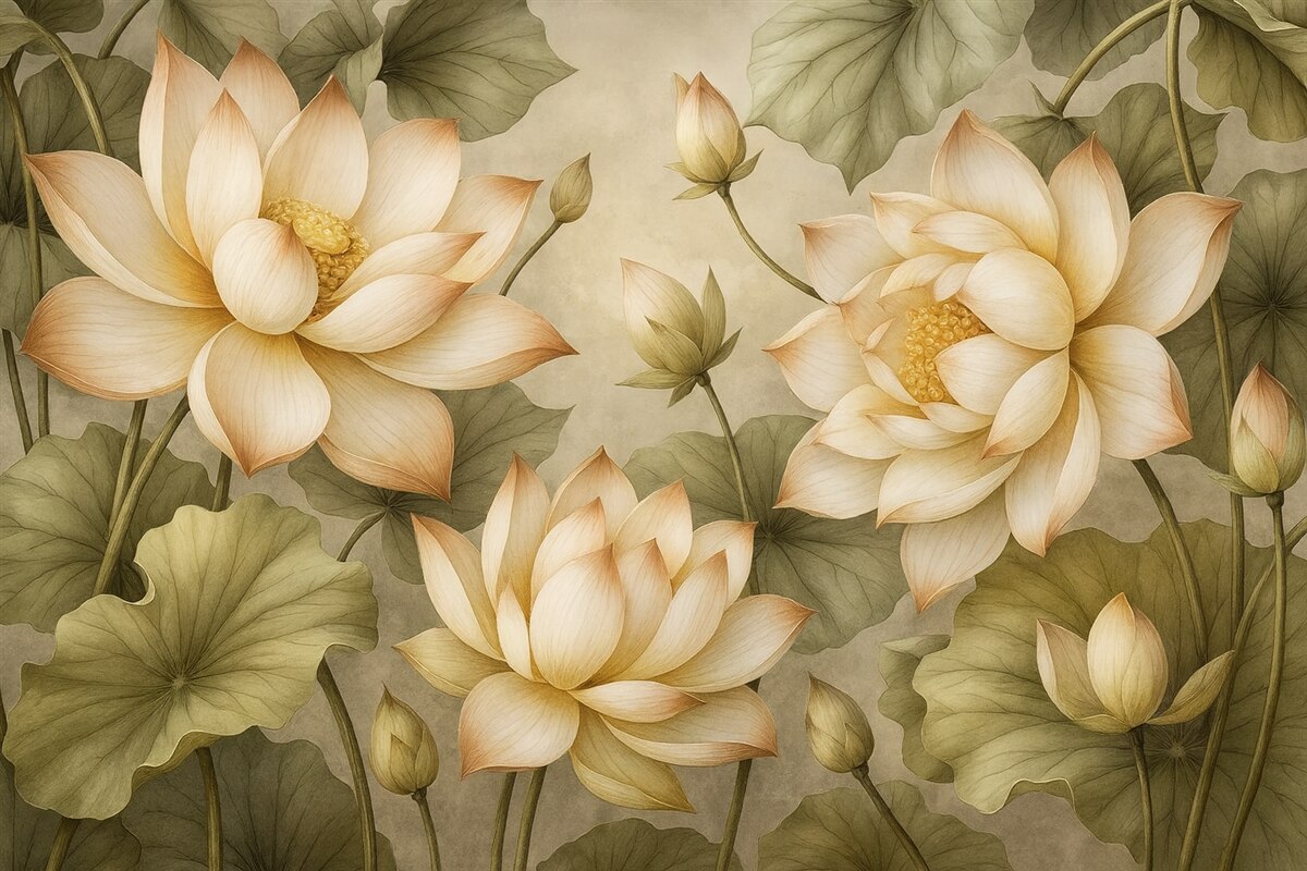 Fototapeta Kwitnący bukiet lotosów opadający z góry.