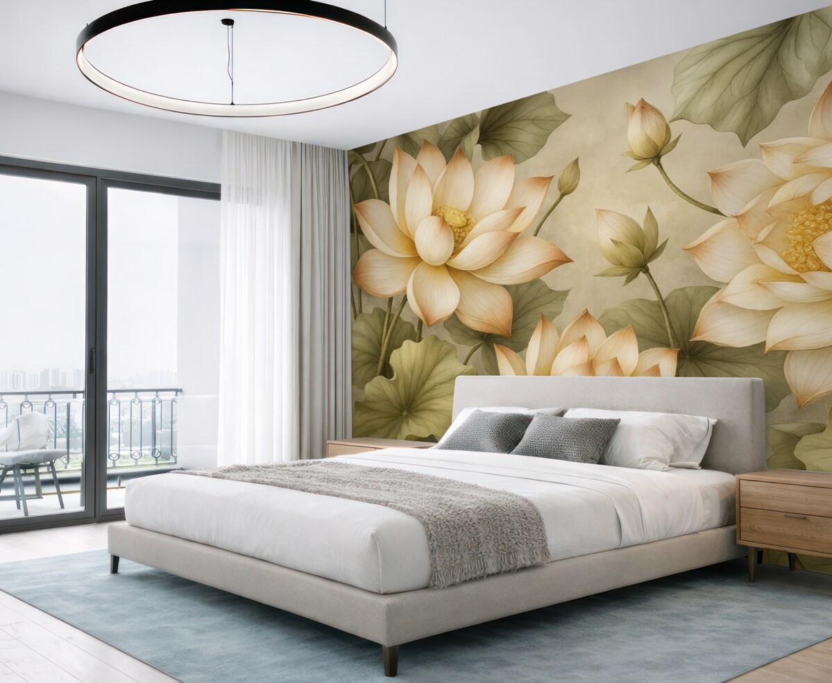 Fototapeta Kwitnący bukiet lotosów opadający z góry.