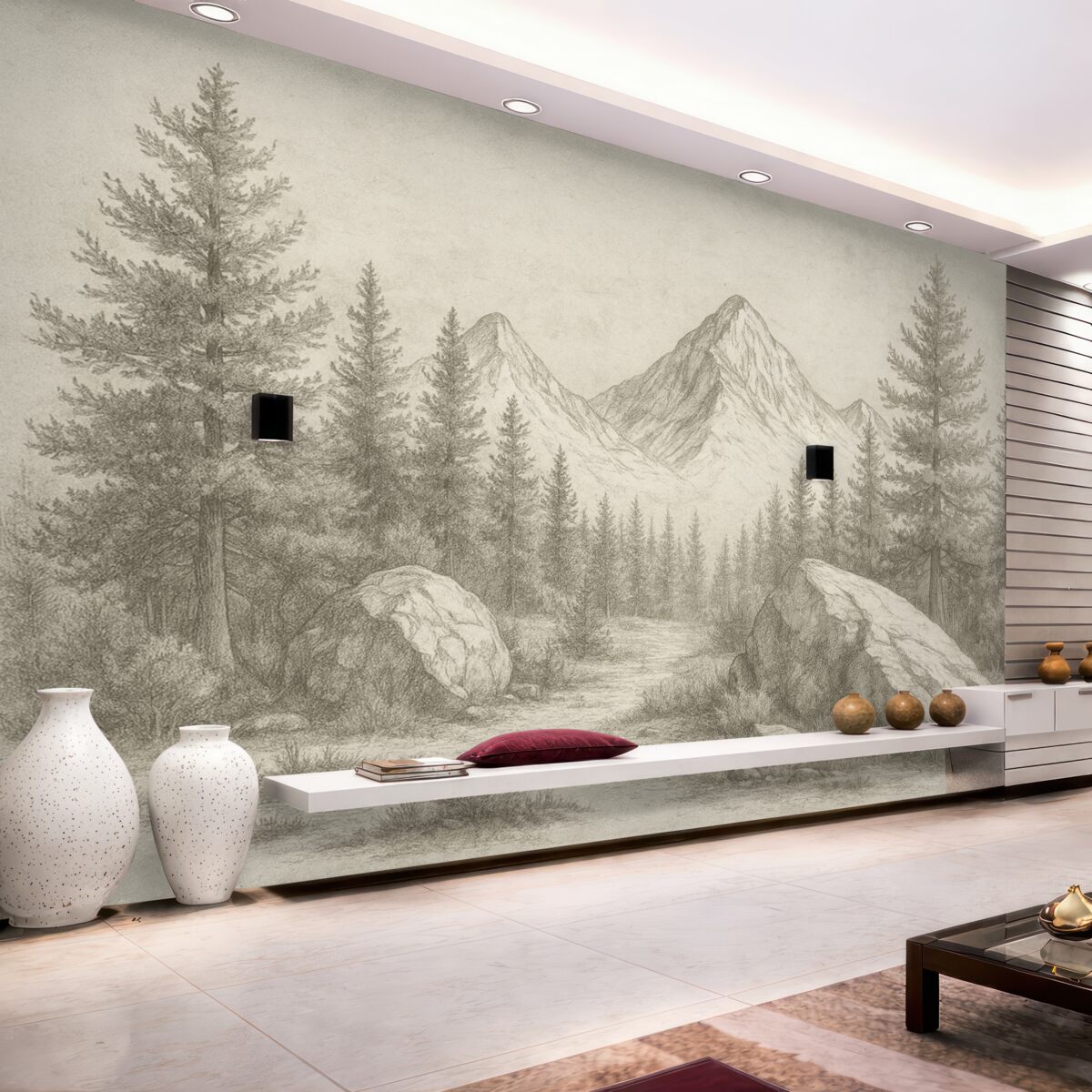 Fototapeta Alpy, góry z lasami, rysunek konturowy, naturalne odcienie.