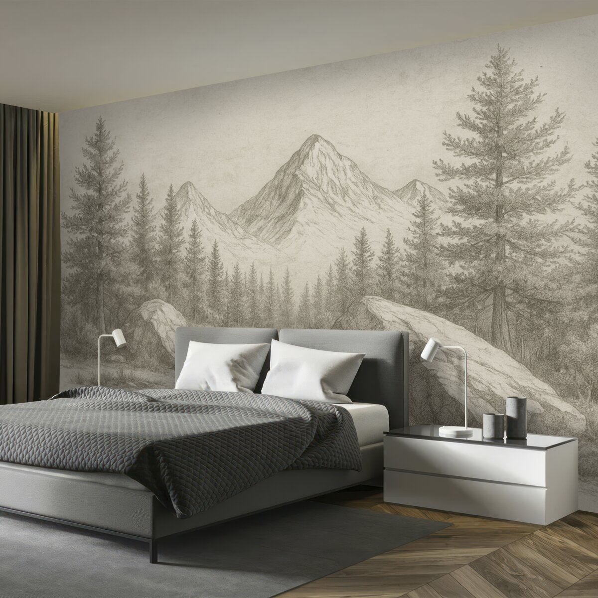Fototapeta Alpy, góry z lasami, rysunek konturowy, naturalne odcienie.