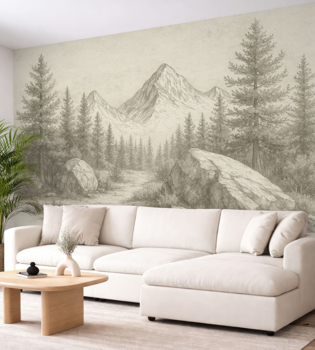 Fototapeta Alpy, góry z lasami, rysunek konturowy, naturalne odcienie.