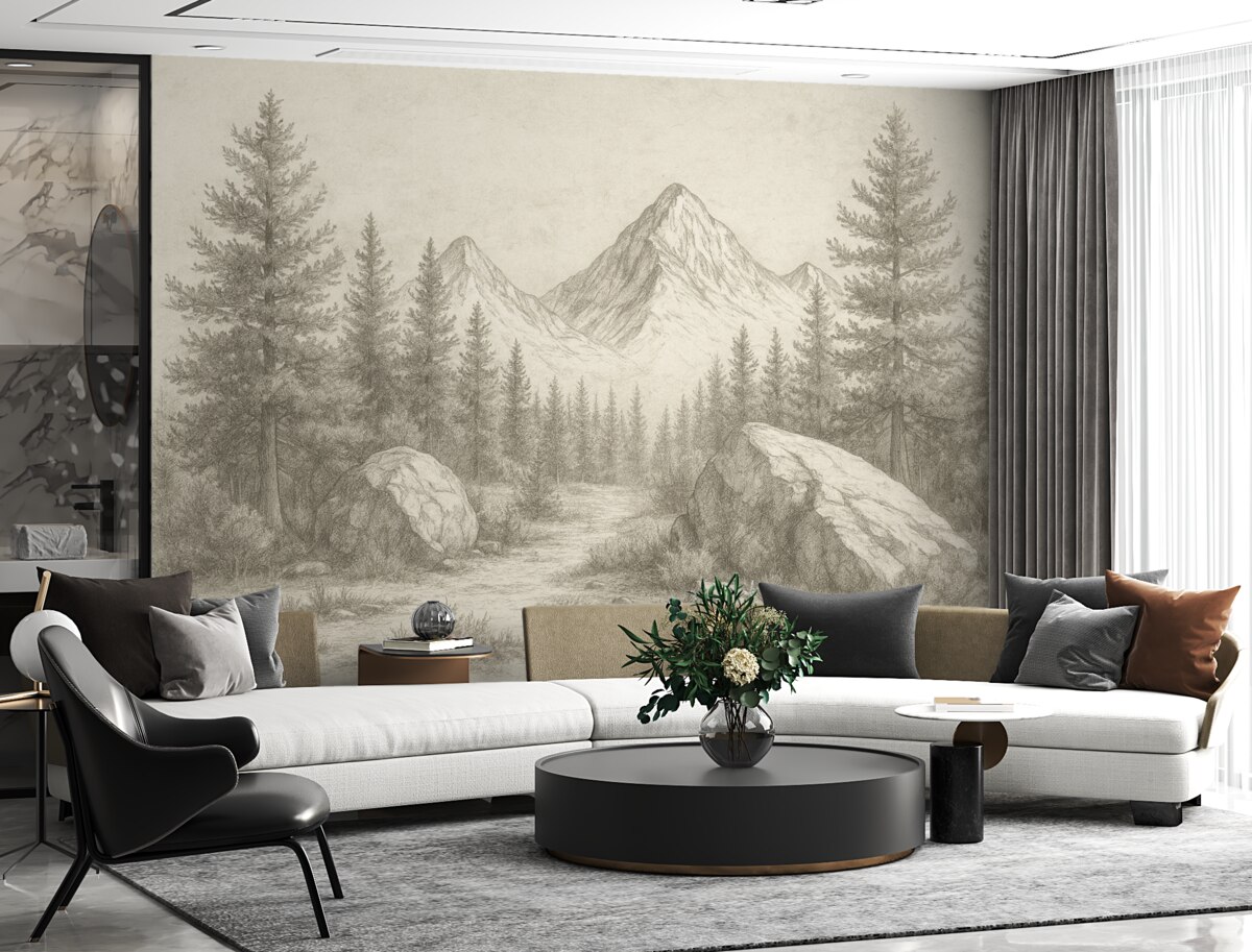 Fototapeta Alpy, góry z lasami, rysunek konturowy, naturalne odcienie.