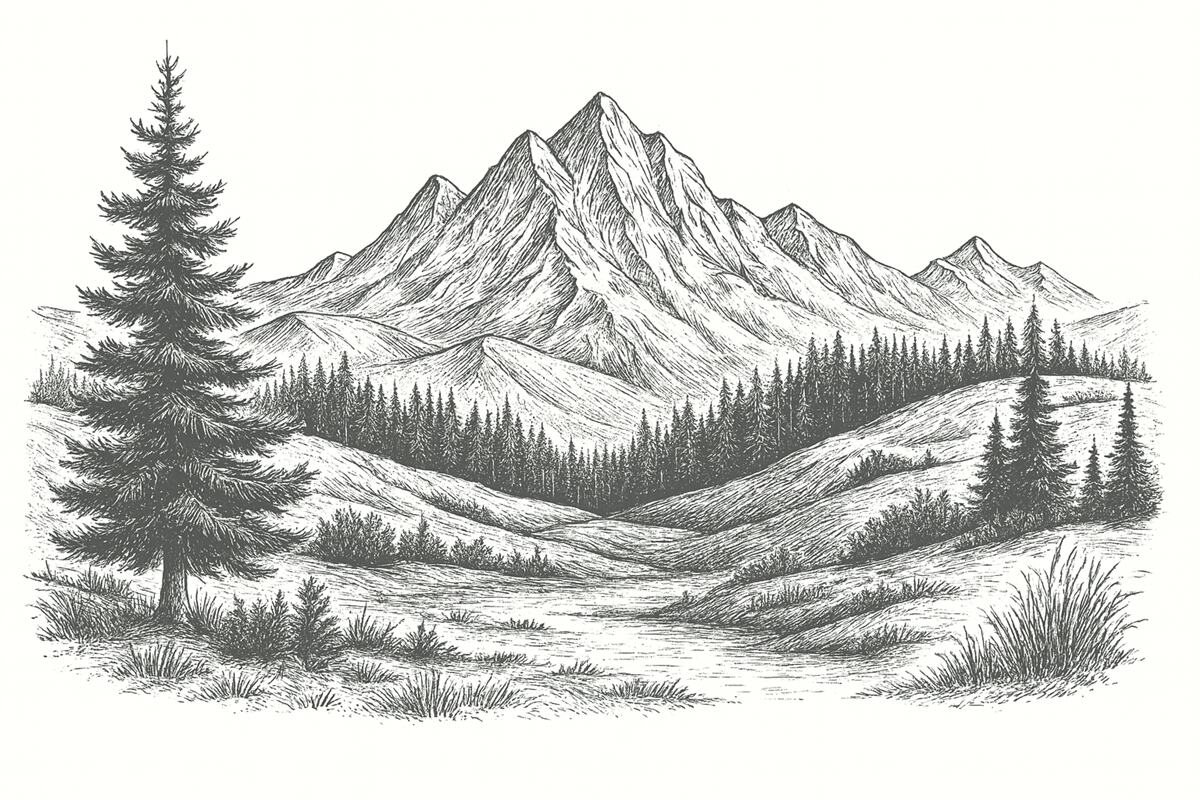 Fototapeta Górski pejzaż z sosnami, las, przyroda, ciemna szarość.