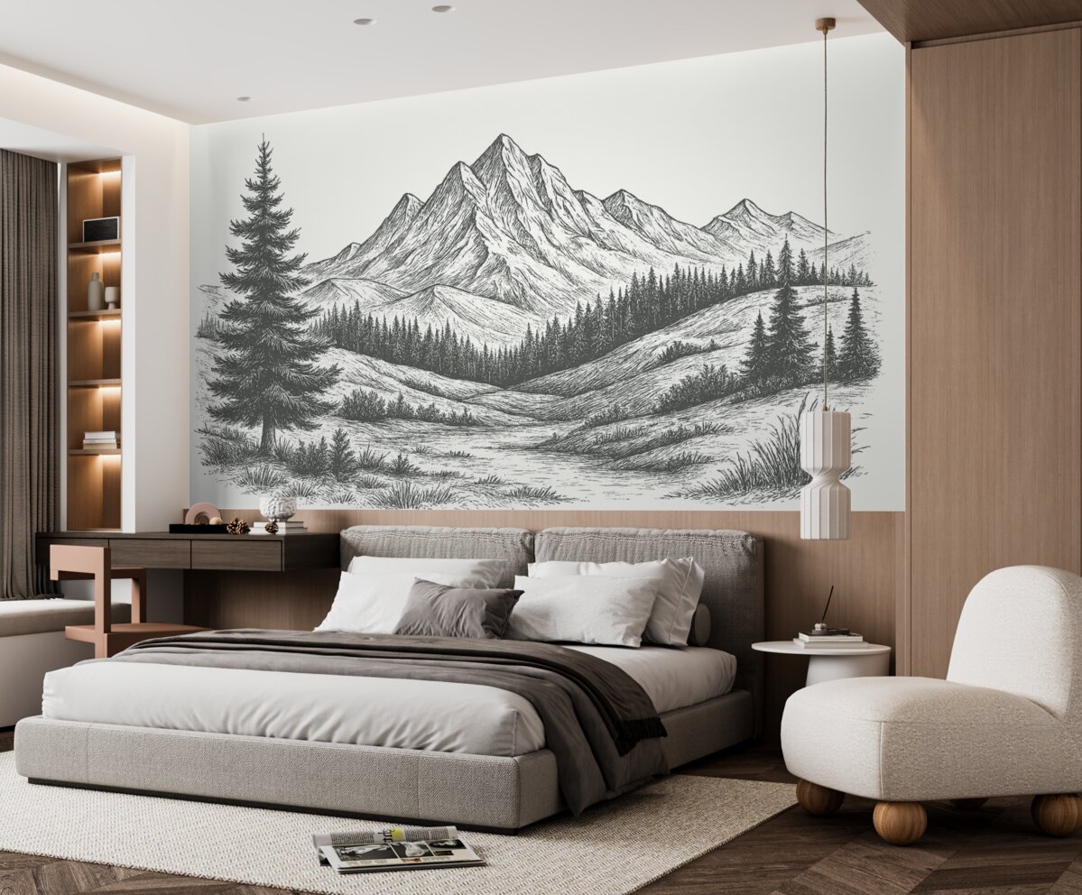 Fototapeta Górski pejzaż z sosnami, las, przyroda, ciemna szarość.