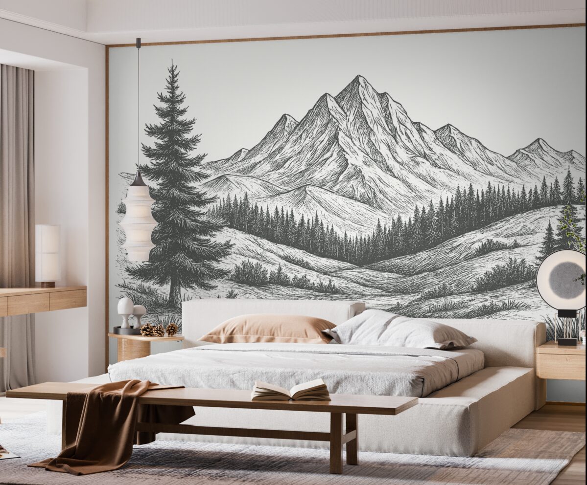 Fototapeta Górski pejzaż z sosnami, las, przyroda, ciemna szarość.