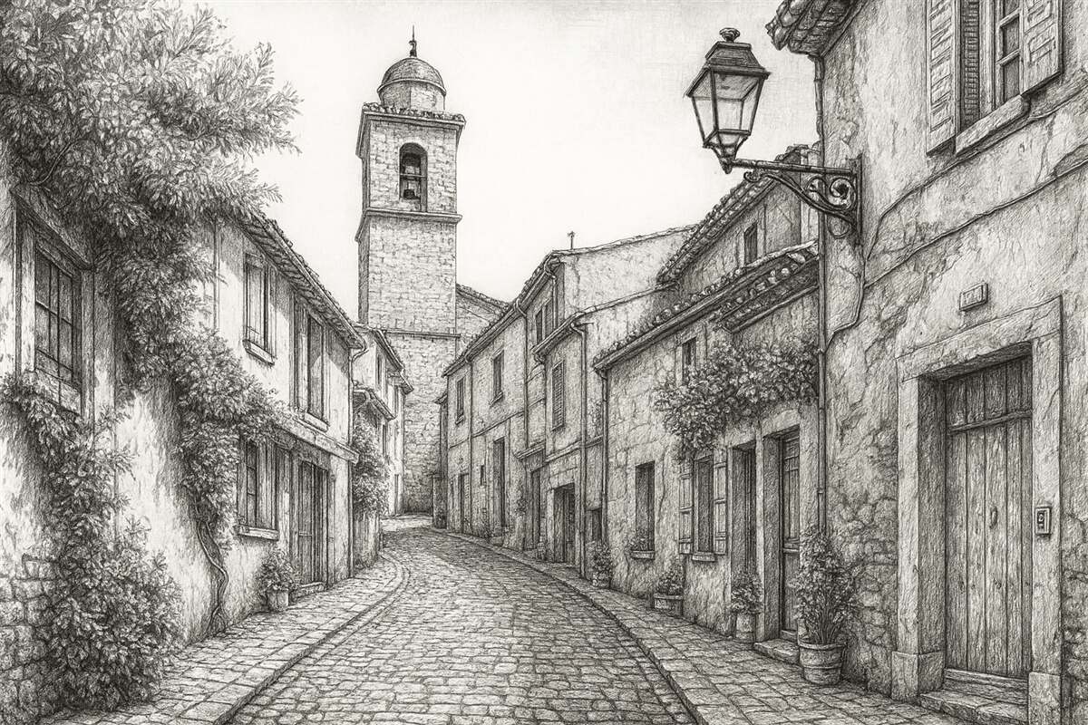 Fototapeta Ulica w mieście, wspaniała architektura, obiekty, śródziemnomorski styl, rysunek konturów, kolor oliwkowy.