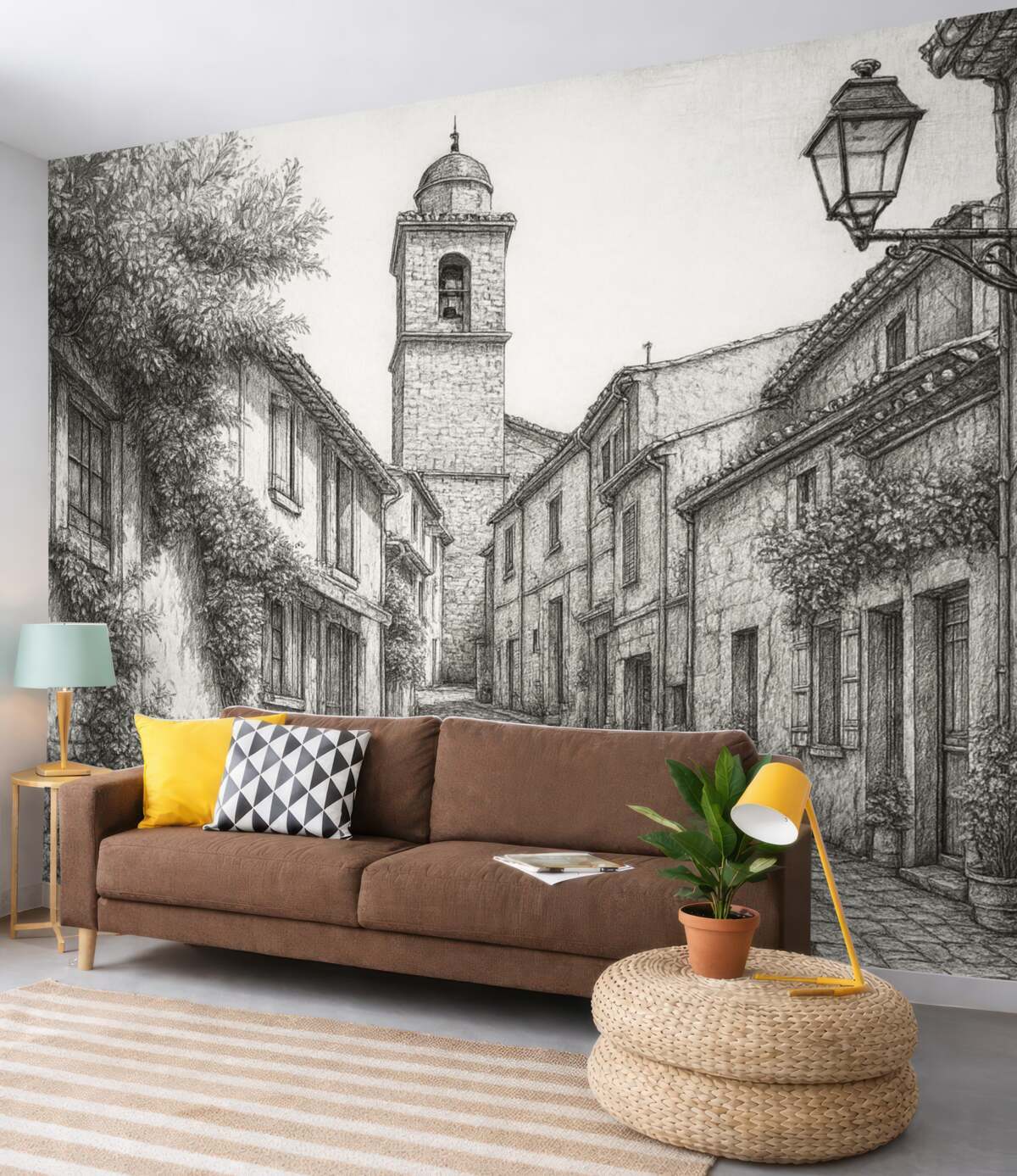 Fototapeta Ulica w mieście, wspaniała architektura, obiekty, śródziemnomorski styl, rysunek konturów, kolor oliwkowy.