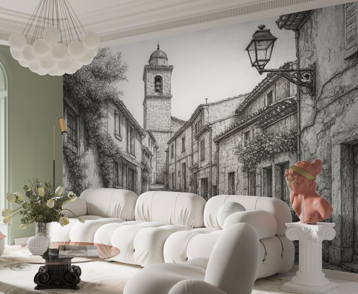 Fototapeta Ulica w mieście, wspaniała architektura, obiekty, śródziemnomorski styl, rysunek konturów, kolor oliwkowy.