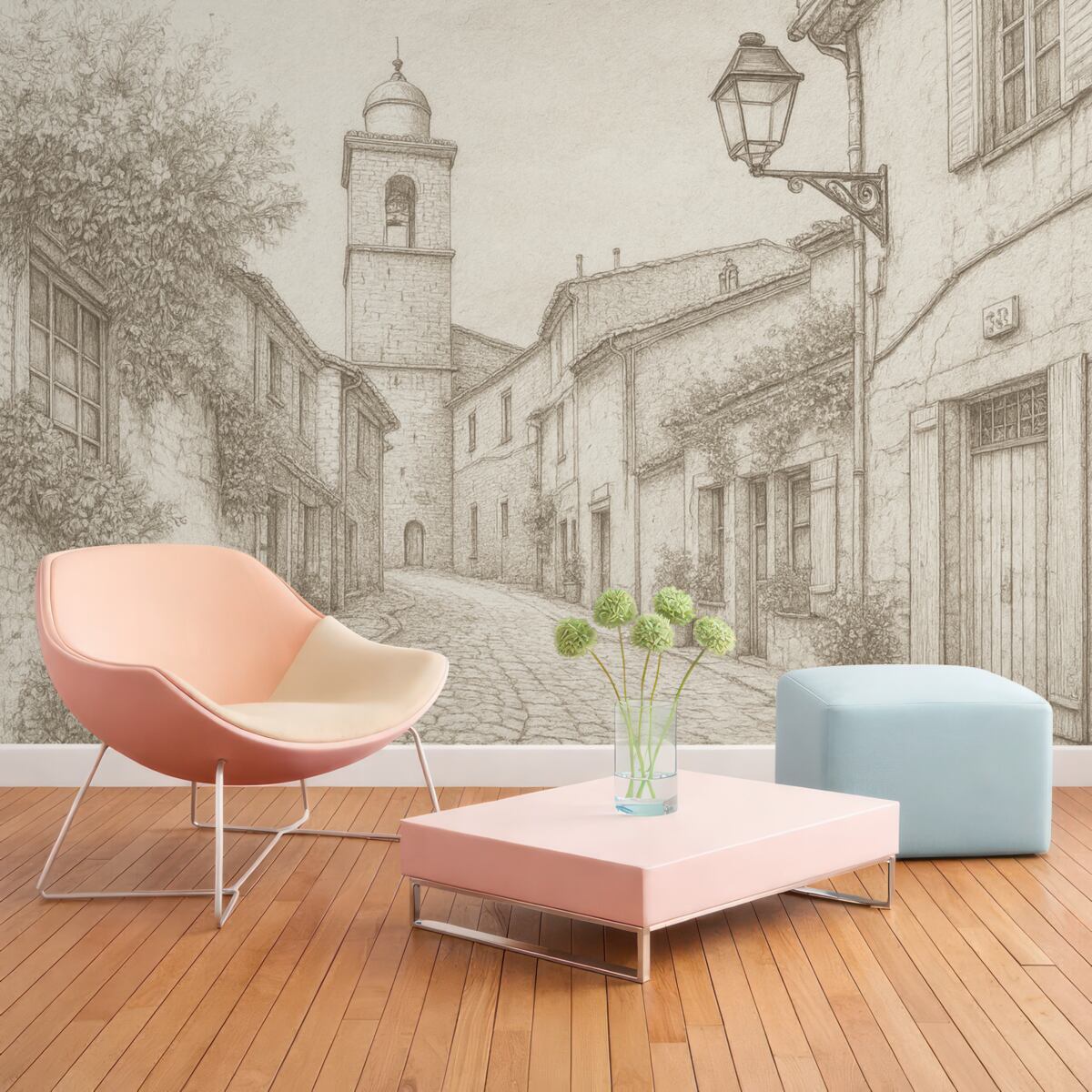 Fototapeta Ulica w mieście, zachwycająca architektura, obiekty, śródziemnomorski, jasne odcienie beżu.