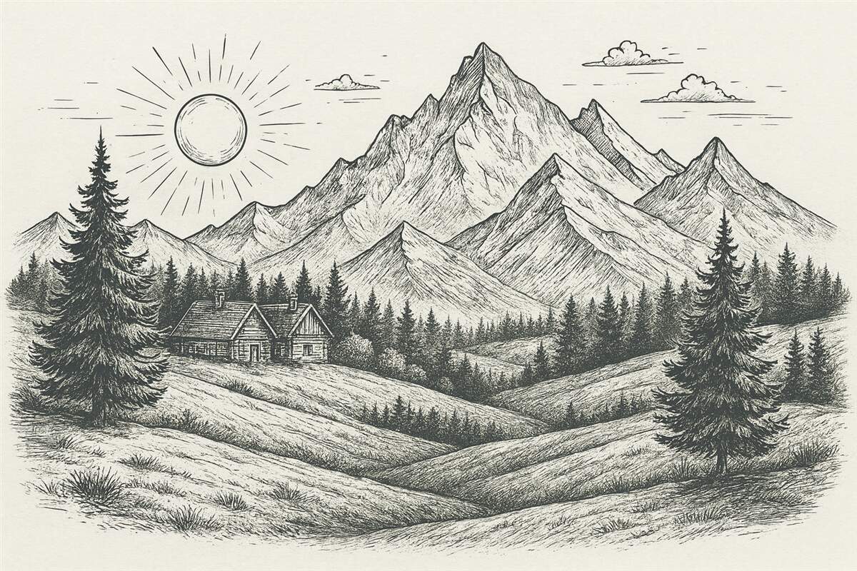 Fototapeta Obraz gór, pejzaże przyrody, las, drewniane chaty, zieleń.