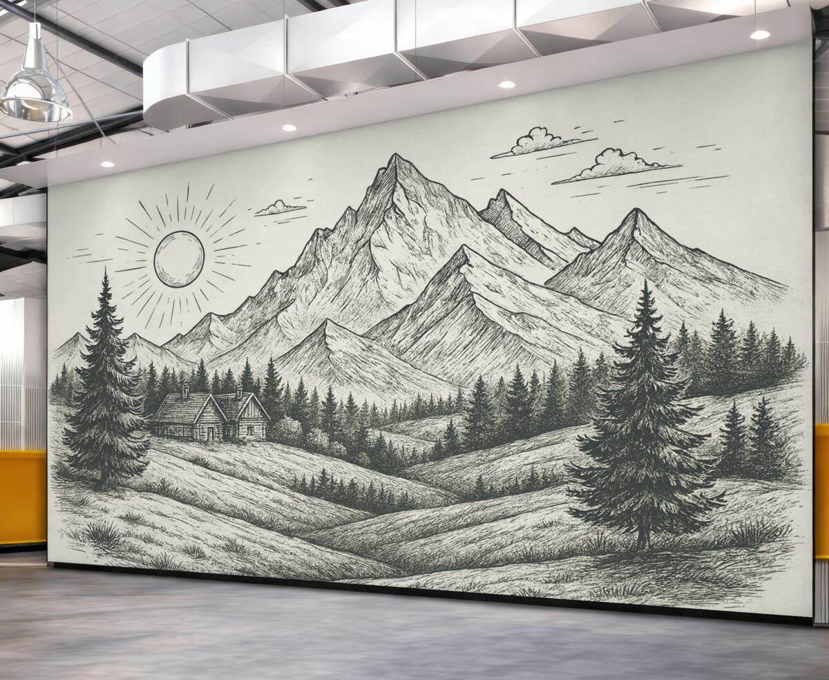 Fototapeta Obraz gór, pejzaże przyrody, las, drewniane chaty, zieleń.